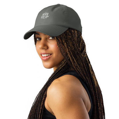 Never give up Under Armour® dad hat (Dark variant)